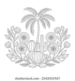 Una ilustración limpia y detallada de una palmera y un cactus rodeados de flores, 