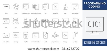 A clean and detailed line icon set featuring modern programming and coding concepts. Includes icons for HTML, CSS, JavaScript, Python, IDEs, debugging, terminal, and various web development tools. 