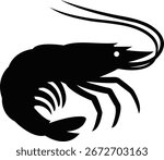 Clean and detailed prawn silhouette vector art illustration in EPS format. Ideal for seafood branding, restaurant logos, fish market graphics, ocean wildlife art, marine design projects.