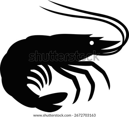 Clean and detailed prawn silhouette vector art illustration in EPS format. Ideal for seafood branding, restaurant logos, fish market graphics, ocean wildlife art, marine design projects.