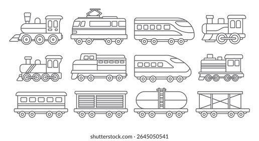 A clean and detailed train-themed vector asset design, featuring a variety of trains including classic locomotives, modern high-speed rail, and cargo wagons. 