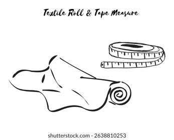 Clean and detailed vector illustration of a fabric roll accompanied by a flexible tape measure. Perfect for tailoring, fashion design, and textile industry themes. Ideal for branding, educational 