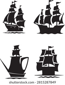 A clean and detailed vector illustration of four iconic sailing ships, including a galleon, carrack, and two different styles of tall ships. Perfect for historical, maritime, or adventure-themed projects.