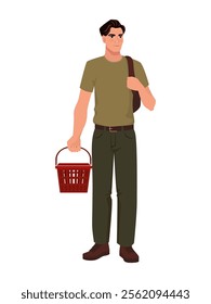 A clean and detailed vector illustration of a young man carrying a red shopping basket in one hand and a backpack on his shoulder. The man is dressed in a casual outfit with a green t-shirt, olive