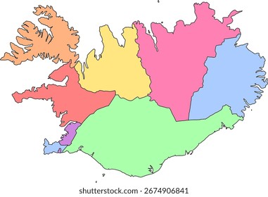 A clean, detailed vector map of Iceland with each region colored a different hue. Ideal for infographics, reports, and professional data visualization.

