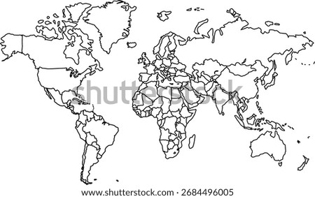 Clean detailed vector outline map of the World displaying all country borders with a minimalist aesthetic. Perfect for data visualization.

