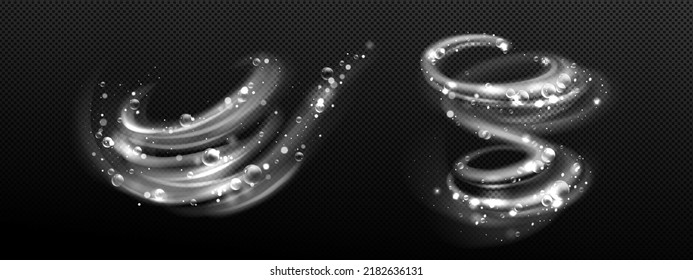 Clean detergent wave and soap swirl, light effect with bubbles and sparkles shine. Isolated transparent abstract foam, sparkling vortex, dynamic 3D elements for design of washing powder or shampoo ads