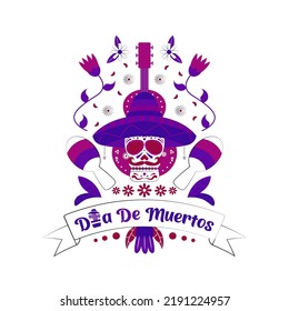 Clean Dia De Muertos Day of The Dead Mexican holiday background design with attractive patterns of flowers and abstract shapes with a skull wearing a sombrero, a mexican guitar, eps10 vector