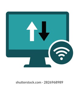 A clean digital icon featuring a desktop computer screen with directional arrows for data transfer and a wifi signal indicator representing connectivity and network.