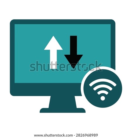 A clean digital icon featuring a desktop computer screen with directional arrows for data transfer and a wifi signal indicator representing connectivity and network.