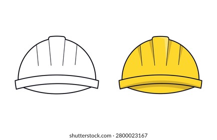 A clean digital illustration of an industrial safety helmet or construction hard hat, showing an uncolored black outline next to a brightly filled yellow version.