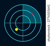 A clean digital radar display featuring blue concentric circles, crosshair lines, and distinct red and yellow blips for tracking targets.