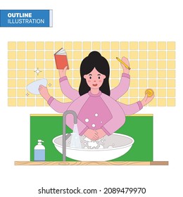 Clean diligent woman, Multitasking women outline illustration