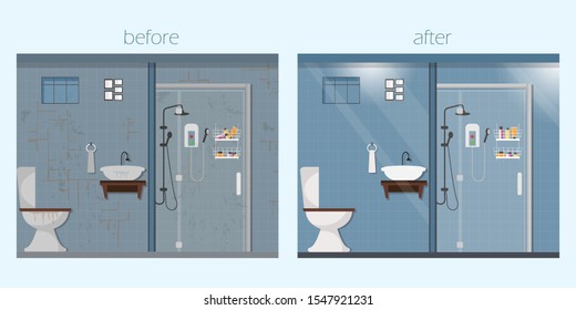 Clean and dirty bathroom interior with furniture, toilet sink bath and accessories in a modern style. Flat vector illustration. svg