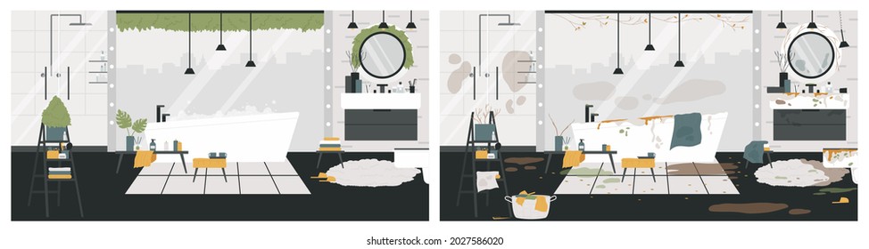Clean and dirty bathroom interior in home apartment vector illustration. Cartoon mess, dirt on walls, bathtub and mirror, water on floor before and bath room after sanitary cleaning background svg