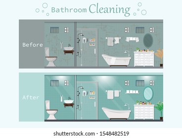 Clean and dirty bathroom interior with modern furniture, toilet sink bath and accessories in a modern style. Flat vector illustration. svg
