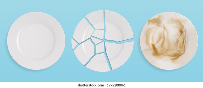 Clean, Dirty Broken Plate Vector Illustration. Isolated On Blue Background