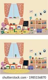 Clean and dirty children's room, mess and order in the house, interior with furniture and toys before and after cleaning. Vector illustration