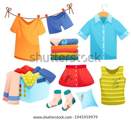 Clean and dirty clothes, laundry, washed linen pile, stained dress in basket, socks, skirt and undershirt with spots, t-shirt and panties drying on rope, shirt on hanger, Cartoon vector icons set