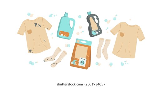 Clean and dirty clothes, T-shirt and socks. Clothes with dirt stains, washed. Set of detergents for washing in the washing machine. Household detergents, cleaning products. Packages and bottles.