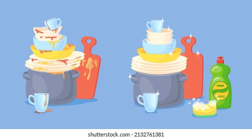 Clean and dirty dish. Dirt kitchen dishes, wash utensils grease soap sponge before cook food cleaned cup plate pot after water washing stains, flat cartoon neat vector illustration