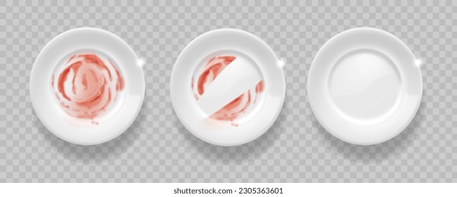 Clean and dirty dish plates, Realistic dish with ketchup, cleaninig process 3d illustration