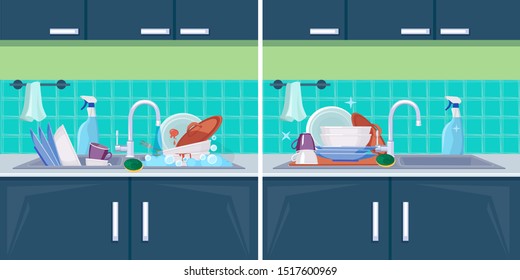 Clean and dirty dish. Sink with kitchenware items for washing cleaning vector cartoon background