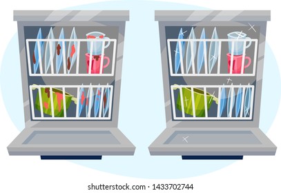 Clean and dirty dishes in the dishwasher. Vector illustration on blue oval shape background.