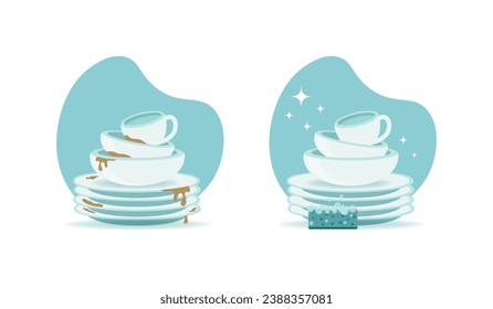 Clean and dirty dishes. Kitchen plates before and after washing. Kitchen utensils wash vector concept