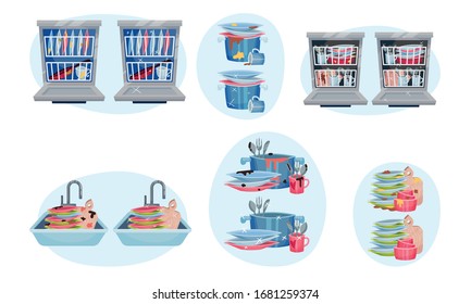 Clean and Dirty Dishes Piled in Kitchen Sink and Dishwasher Vector Set