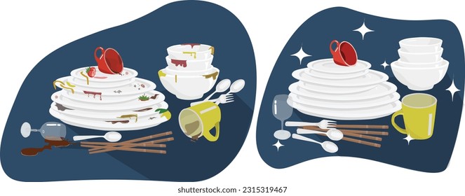 Clean and dirty dishes vector set. Dishes before and after washing. Kitchen ultensils wash concept. Food stained dishes stack vector set. Crokery set. Detergent label design template. Flat vector.