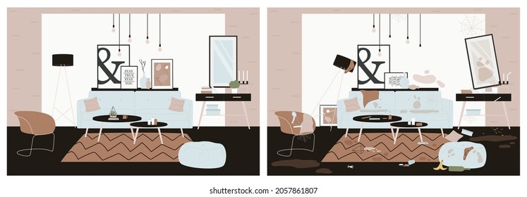 Clean And Dirty Family Living Room, Cleaning Service For Home Apartment Vector Illustration. Cartoon Broken Lamp, Dirty Messy Clothes On Sofa Couch And Floor, Disorganized Furniture Before Cleaning