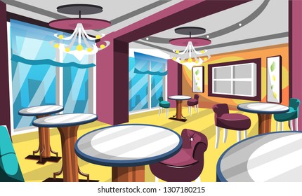 Clean Dirty Gelato Ice Cream Cafe With Fancy Chair And Table, Classic Lamp, Big Windows, Artistic Wall Picture For Vector Illustration Interior Ideas