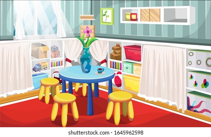 Clean Dirty Kids Corner Room with Table, Flower Canvas, Box of Toys, Dice, Truck Toys in the Shelf Cabinet with Curtain and Chairs for Vector Illustration Interior Design Ideas