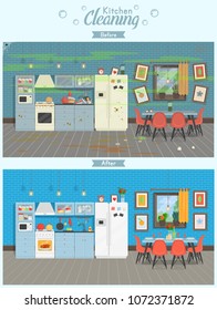 Clean and dirty kitchen with table, fridge, kitchen stove, cupboard dishes in a modern style. A concept for cleaning companies. Before and After Cleaning. Flat vector illustration.