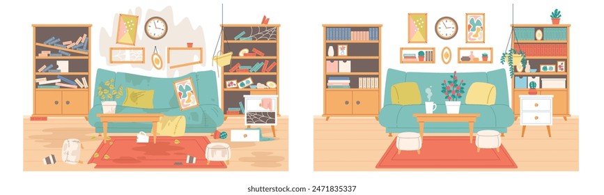 Clean and dirty living room. Messy apartment with old broken furniture and clutter, neat interior with new sofa and shelves, cleaning service, cartoon flat style isolated vector concept