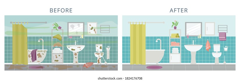 Clean and dirty modern bathroom interior. Banner for advertising cleaning service. Room in the house before and after cleaning. Flat vector illustration. svg