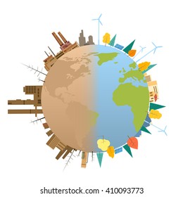 Clean And Dirty Polluted Earth Planet Globe Concept Flat Vector Illustration