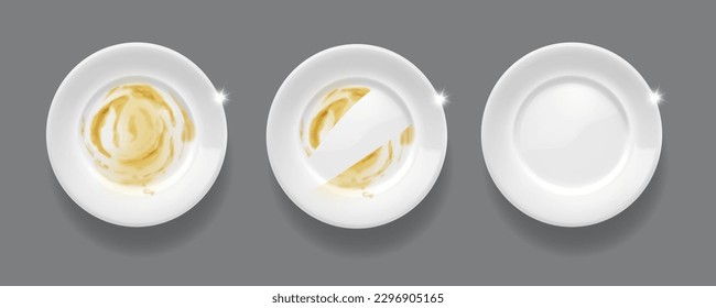 Clean and dirty realistic plates, cleaning dishes, before and after top view white bowls. 3d vector