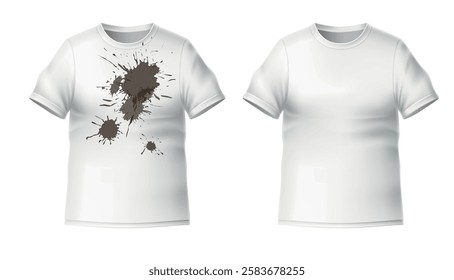 Clean and dirty shirt. Realistic isolated elements. New white t-shirt and old with stains. 3d blank casual clothing, soiled and tidy washed cotton garment. Detergent marketing. Vector concept