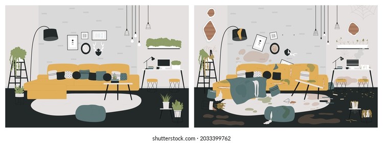 Clean And Dirty Stained Home Living Room, Mess Vector Illustration. Cartoon Messy Apartment Needs Cleaning, Dirt On Sofa Couch, Broken Table And Water Stains On Carpet, Floor And Wall Background