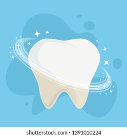 Clean and dirty tooth on blue background. Teeth whitening concept, illustration.