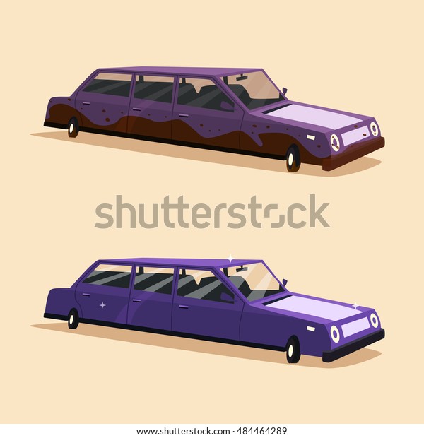 Clean and dirty\
vintage american limousine. Cartoon vector illustration. Car\
isolated. Design element.\
Carwash.