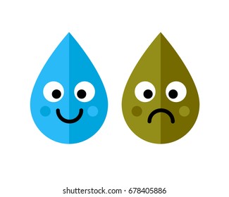 Clean and dirty water drops characters icon isolated on white background. Ecology concept. Art vector illustration. 