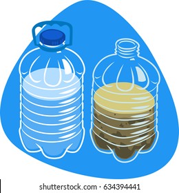 Clean And Dirty Water In Plastic Bottles. Plastic Bottle For Water With Cap And Handle. Isolated. On Blue Background.