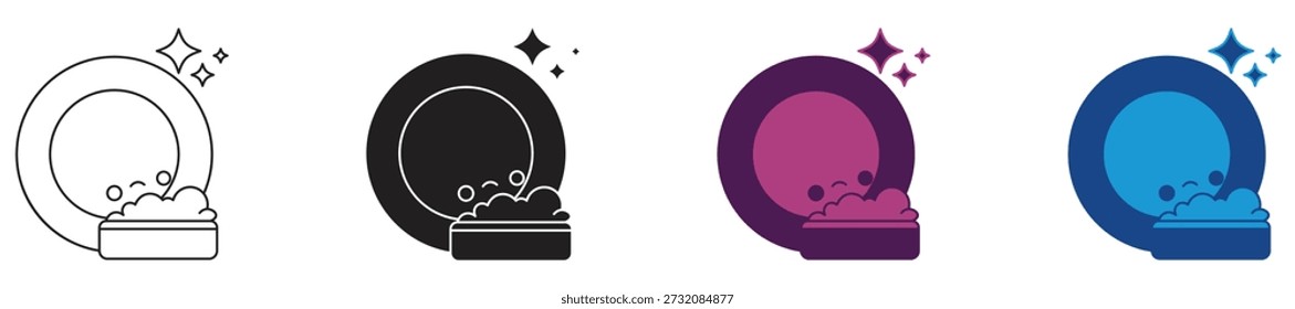 Clean dish icon with sponge, sparkling effect . Vector illustration isolated on white background.