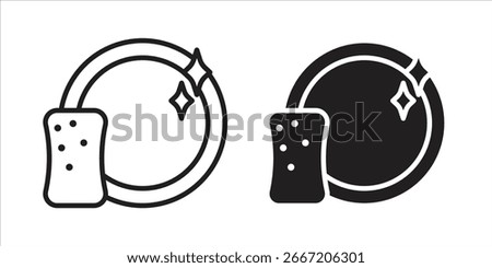 Clean dish icon with sponge, sparkling effect. Simple, black and white illustration, isolated on white.