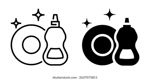 Clean dish with soap bottle icon. Line and silhouette style.