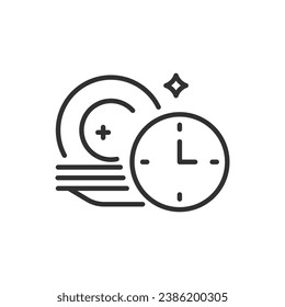 Limpiar platos después de tiempo, icono lineal. Limpie los platos y observe. Línea con trazo editable