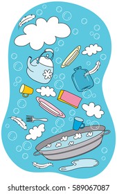 Clean dishes and a bowl of soapy water among the clouds and soap bubbles and feathers on blue background